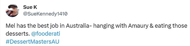 'I love this show.  The desserts are fantastic.  Mel is a great co-host.  Amaury is simply delightful,” someone wrote on X, formerly known as Twitter.