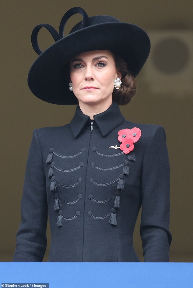 The Princess of Wales' black coat dress featured some military-inspired tassels.  The royal family also chose three red poppies