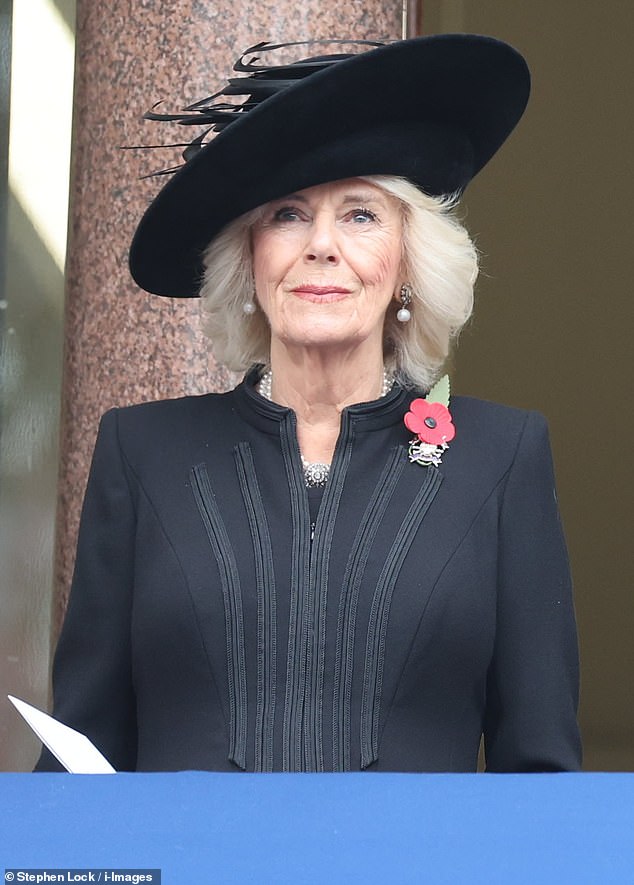 Pictured: Queen Camilla wore a single red poppy, diamond brooch and pearl earrings at today's ceremony