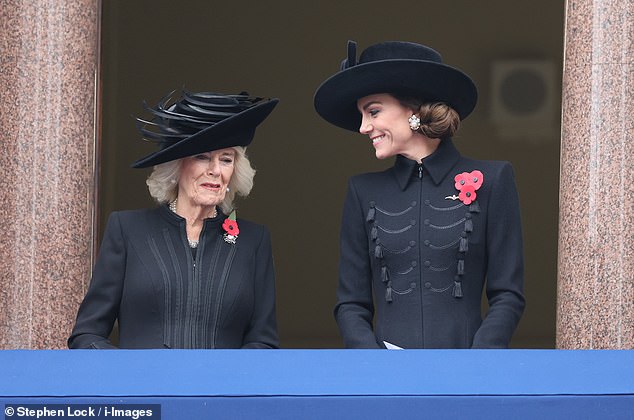 Pictured: Queen Camilla and the Princess of Wales appeared friendly as they stood on the balcony in front of the cenotaph