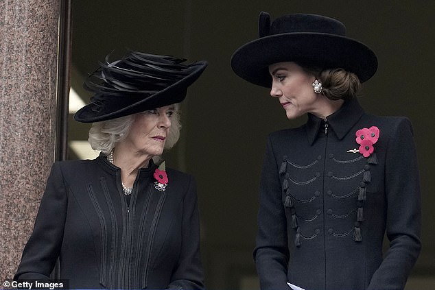 Queen Camilla and the Princess of Wales chat as they wait for the memorial service