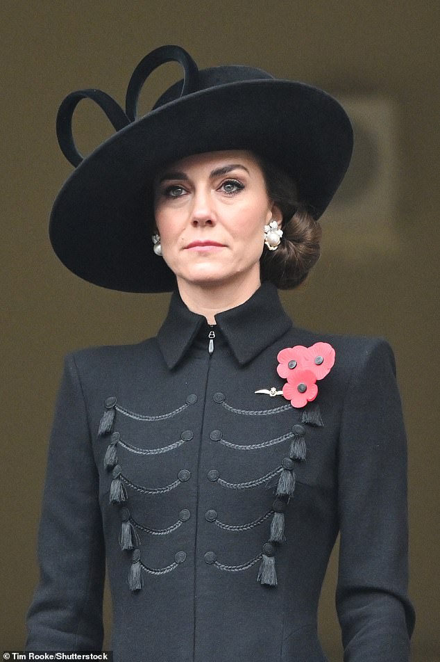 The royal styled her hair in a chic updo and completed her ensemble with a large black hat, which featured an elegant velvet bow