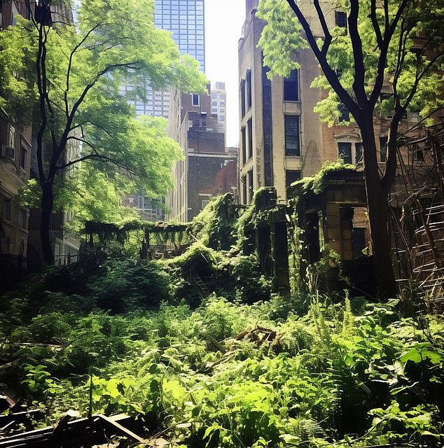 “Abandoned by humans a century ago, the Windy City has gradually surrendered its towering skyscrapers, bustling streets and urban infrastructure to the ruthless forces of nature,” according to ChatGPT