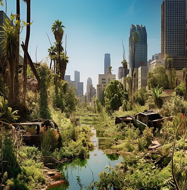 ChatGPT writes: 'A century from now, Los Angeles will be a city of echoes, reclaimed by nature's relentless advance.  The iconic skyline lies in ruins, obscured by the creeping embrace of lush vegetation, and the once-thriving streets have become winding paths through a wilderness of overgrown gardens and natural paradises.”