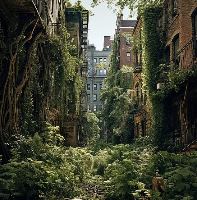 ChatGPT writes: 'A century in the future, New York City lies in an enchanted sleep, given over to the tenacity of nature.  Once a concrete jungle, the towering skyscrapers now blend seamlessly into the green canopy that stretches over Manhattan.