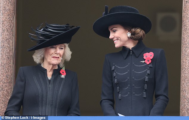 Royals fans noticed a sweet moment between Queen Camilla and the Princess of Wales during the Remembrance Sunday service on Sunday