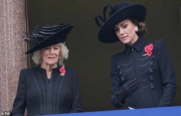 The royals stood together on a balcony at the Foreign, Commonwealth and Development Office during the service at the Cenotaph in Whitehall, London