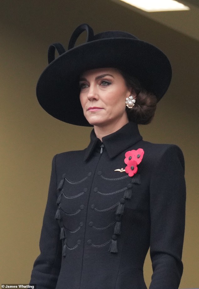 The Princess of Wales put her hair up elegantly and completed her outfit with a black hat with velvet bow detail