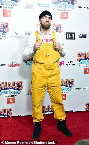 In 2019, Kelce wore yellow dungarees during a performance at Shaq's cute house in Atlanta