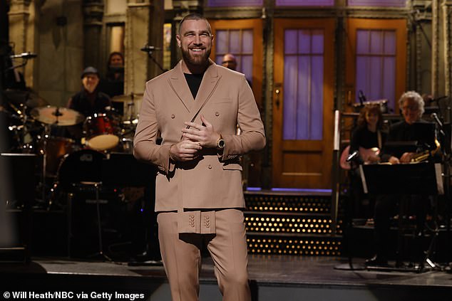 Kelce's brown suit from his Saturday Night Live appearance is in the Chiefs' Hall of Honor