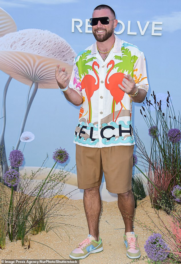 Kelce pictured during the NFL offseason in California, wearing a colorful jersey