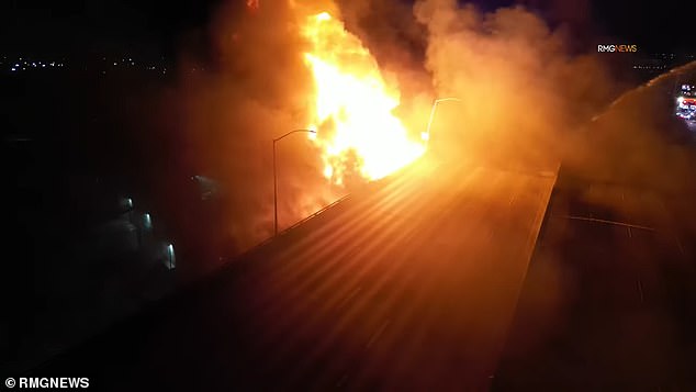 The fire, which started at a nearby pallet yard before moving to another, caused cement columns to collapse and guardrails on the highway to melt.