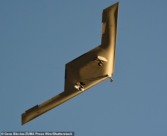 The B-21 Raider stealth bomber during its first test flight on Friday