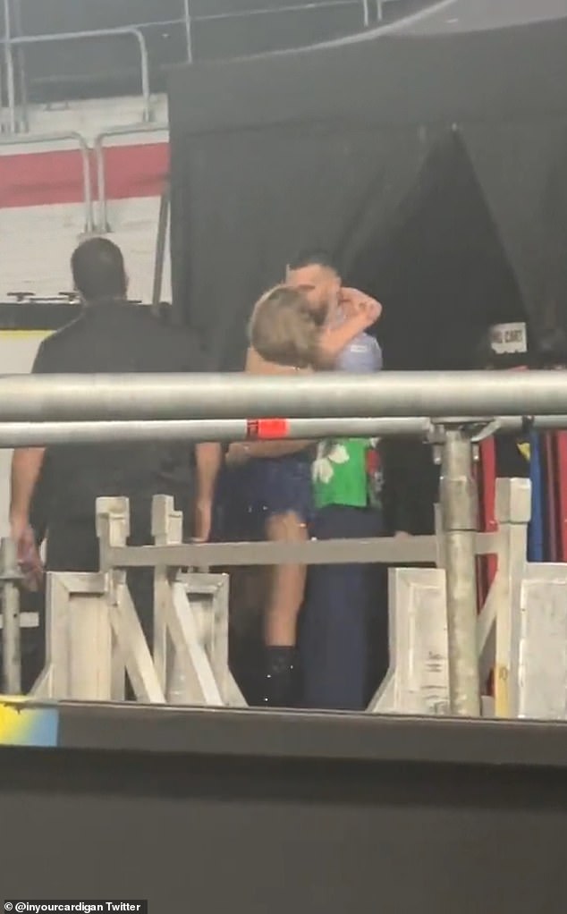 Taylor Swift rushed off stage, ran to Kelce and embraced him with a hug and a kiss