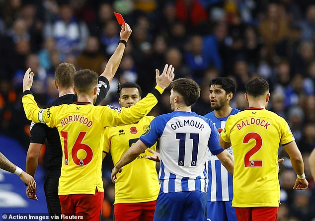 Brighton's day became much more difficult when Mahmoud Dahoud was shown a straight red card