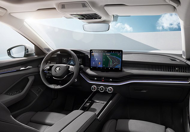 The dashboard is dominated by a central touchscreen (ranging from 10 inches to 13 inches depending on specifications)