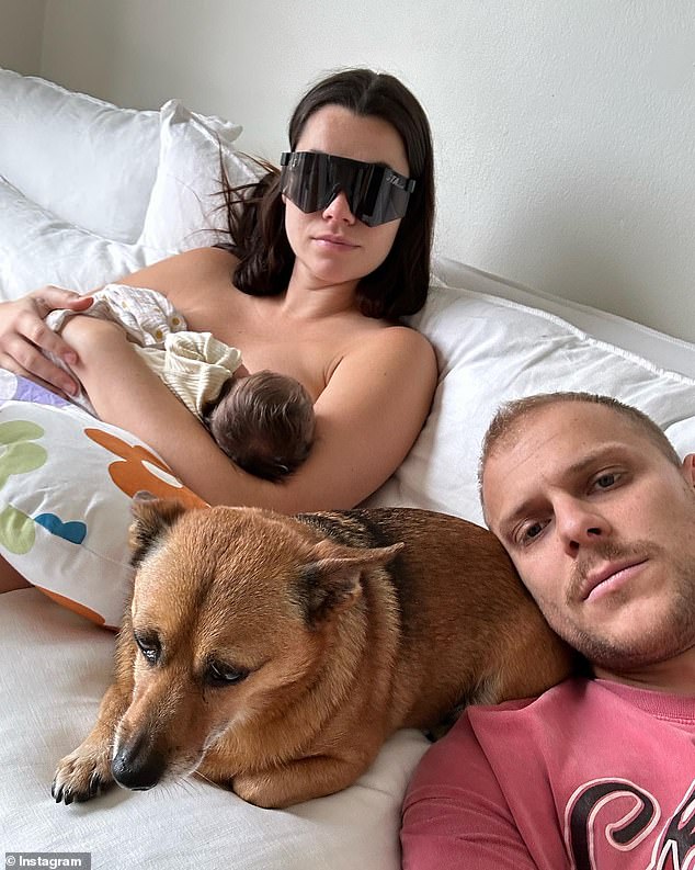 The reality TV couple announced the happy news via Instagram on Monday, sharing a photo gallery of the couple cuddling with their newborn baby girl in the hospital and later at home with Jack's dog Finn (center)