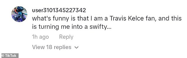 Crossover fan: A football fan admitted to being a Taylor fan convert with a comment that read: 'The funny thing is I'm a Travis Kelce fan and this turns me into a Swifty'