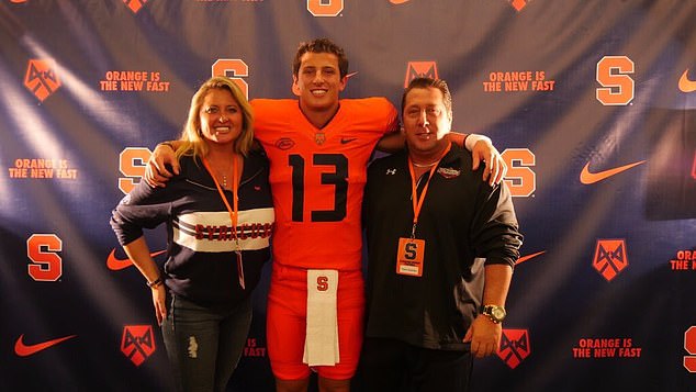 Alexandra and Tom DeVito pose with their son when he was a football player at Syracuse