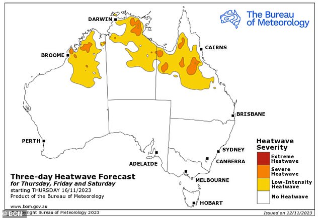 A low to severe heatwave will hit northern Australia on Thursday (forecast above)