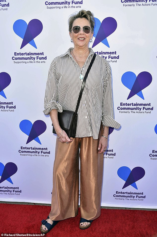 Annette: Annette Bening was also present, who opted for a black and white striped shirt and brown wide-leg trousers and black sandals