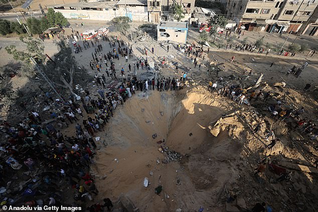 An aerial view of a bomb crater after an Israeli airstrike on a Palestinian family as search and rescue efforts for those under the rubble continue in Khan Yunis, Gaza last month