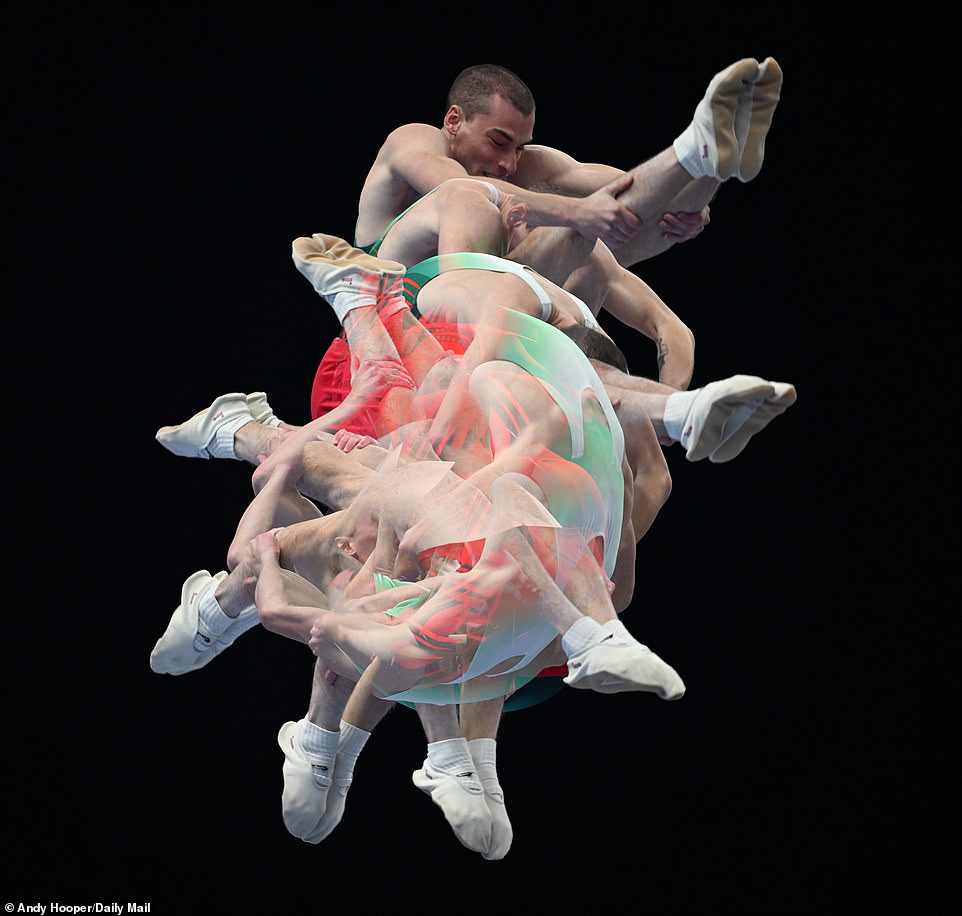 An athlete's tucked somersault is incredibly showcased with Hooper's multi-exposure photography