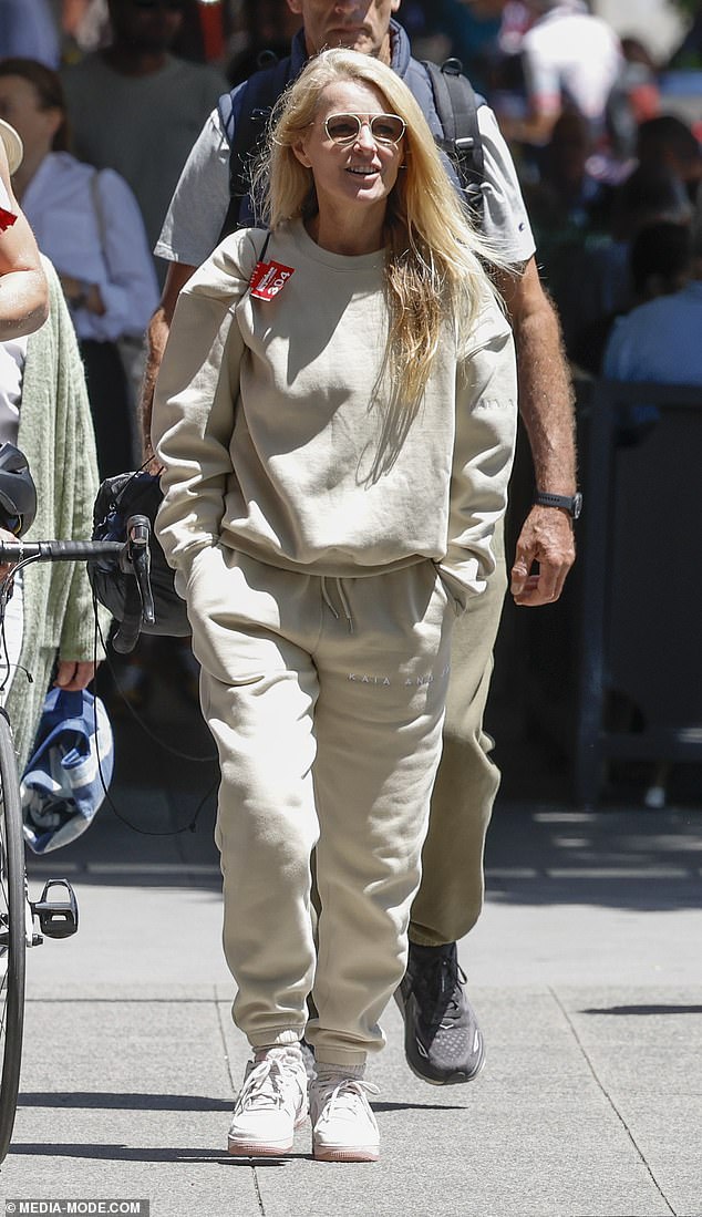 The yoga instructor, 53, showed her support for Kaia's new fashion label Kaia and Jac by wearing a beige hoodie and matching track pants from the label