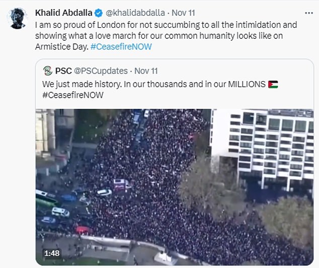 Chaos: Khalid tweeted his support for pro-Palestine marches over Armistice Day weekend