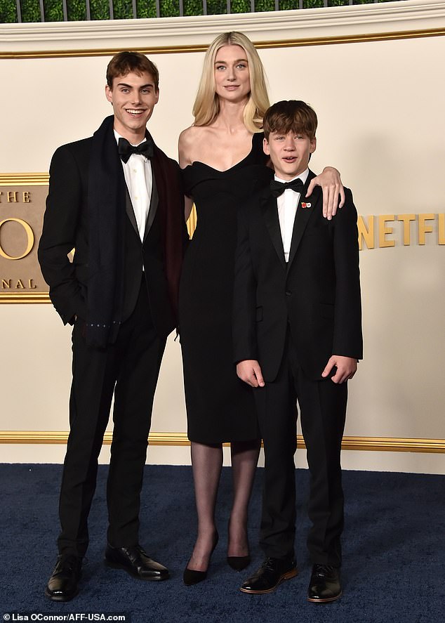 Sweet: Elizabeth Debicki was joined by her on-screen sons, Rufus Kampa and Fflyn Edwards, at the Los Angeles premiere of The Crown Season 6