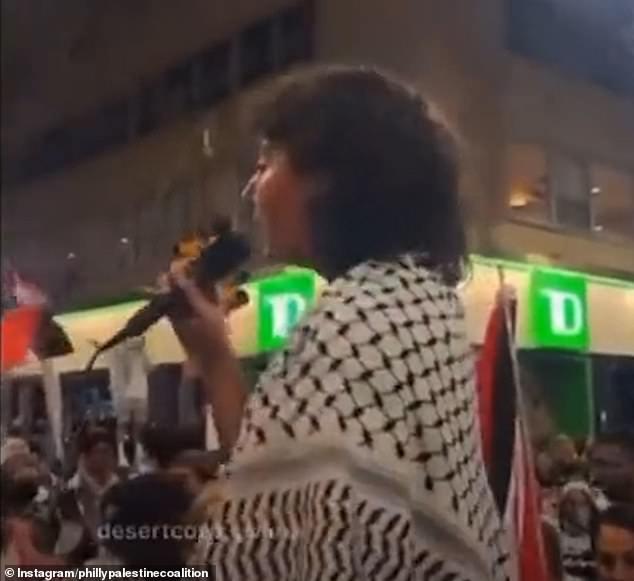 Tarawneh recently sparked outrage online over a hate-filled speech she gave last month at a rally in Philadelphia (pictured), in which she praised the 