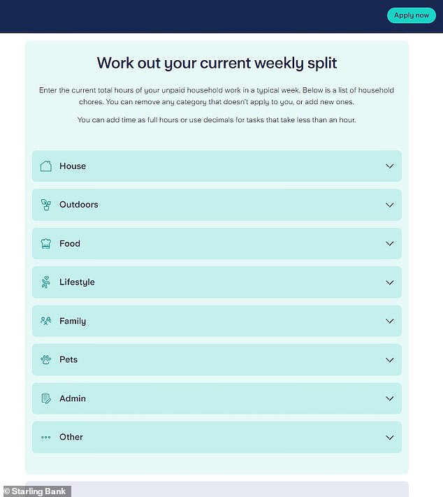 The calculator (shown) asks couples to separately enter the number of hours they spend on each chore before calculating how the load is currently shared