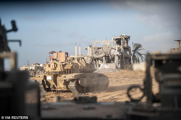 Israeli military vehicle maneuvers during the ongoing ground operation targeting Hamas following the October 7 attacks on Israel