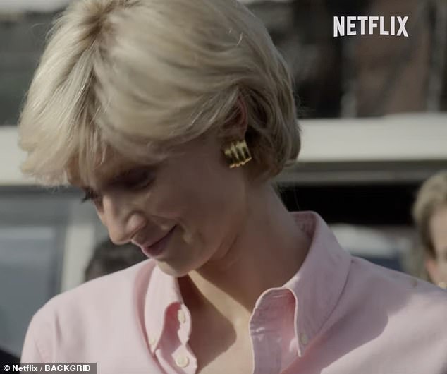 Netflix designers captured the outfit in the drama, creating the royal look with the crisp light pink button-down shirt and its large gold studs