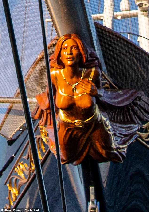 Eagle-eyed fans were quick to point out that the sculpture that sits on the bow of the $500 million ship bears a striking resemblance to his glamorous girlfriend.