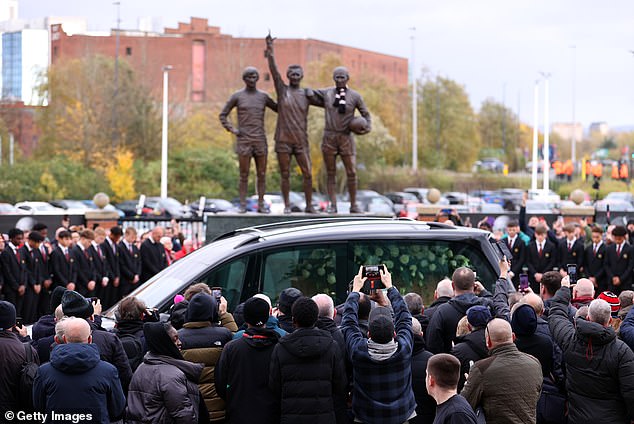 Charlton's funeral procession passed the 'Trinity' statue of Charlton, George Best and Denis Law