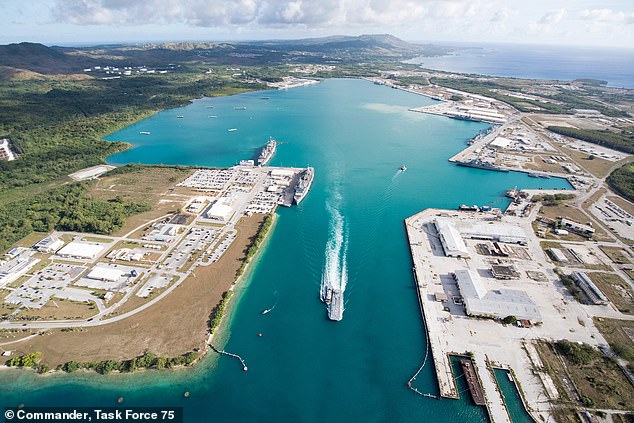 An aerial view of the US Naval Base Guam, located in a strategic position for the US military