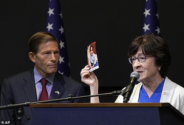 U.S. Senator Susan Collins (right) holds a photo of kidnapped Israeli girl Abigail Mor Edan