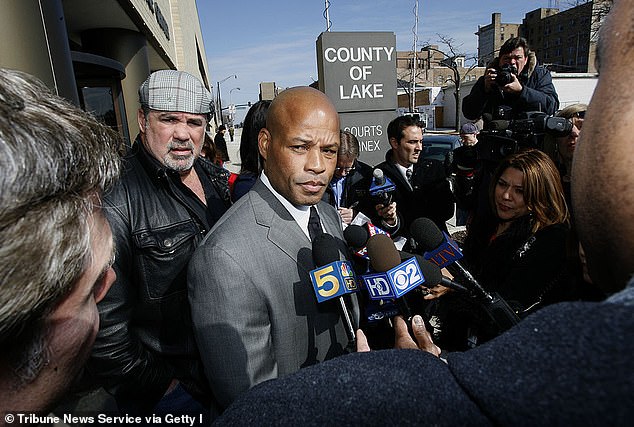 Former Chicago Bear player Shaun Gayle (pictured) speaking to reporters after a bond hearing in Lake County Court in 2009