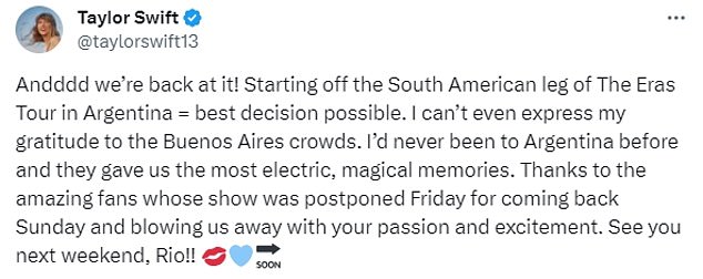 Swift's social media post Wednesday following her recent dates in Buenos Aires