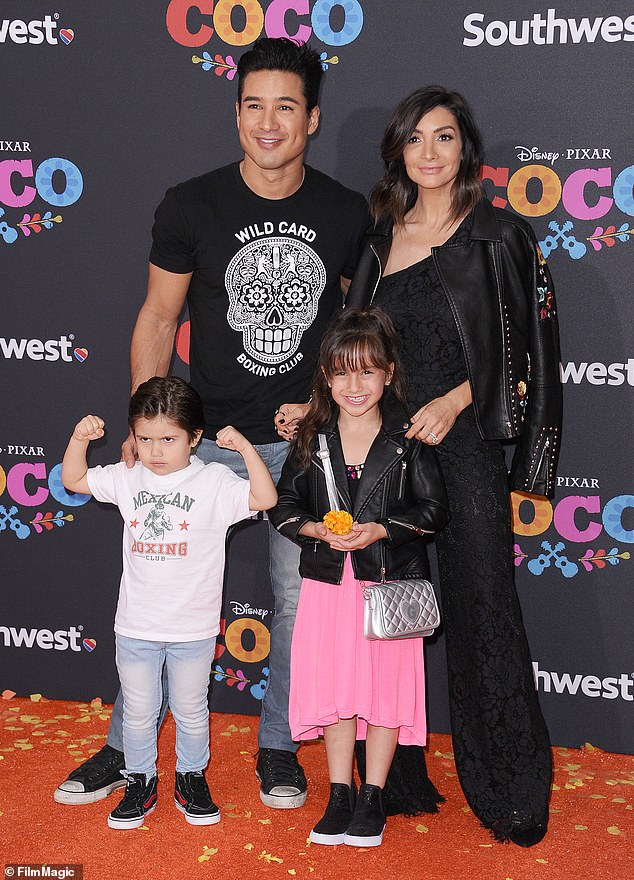 Family man: Mario married Broadway actress Courtney Laine Mazza in 2012 as they share three children together;  they are seen at the 2017 premiere of Coco in Los Angeles