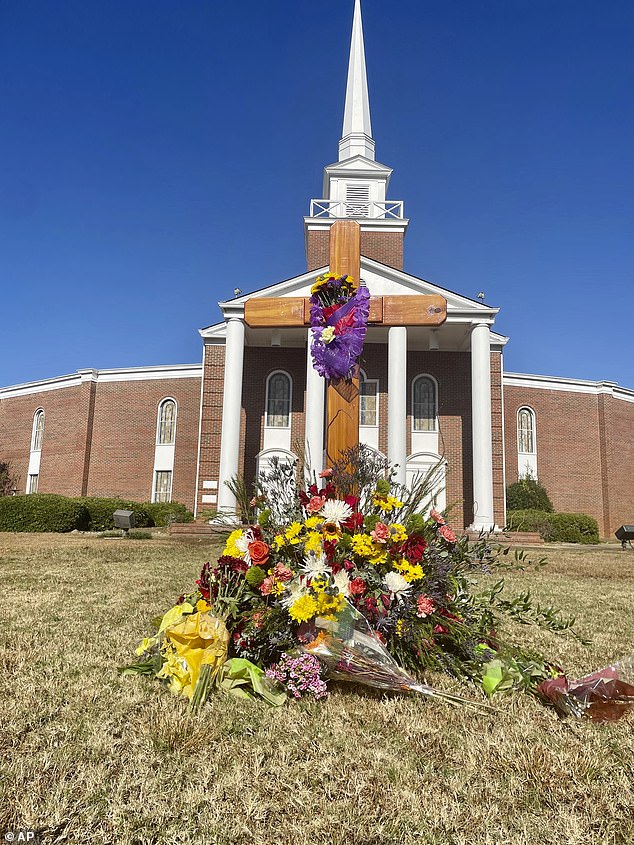 Tributes to Bubba Copeland are pictured in front of his church, First Baptist, in Phoenix City