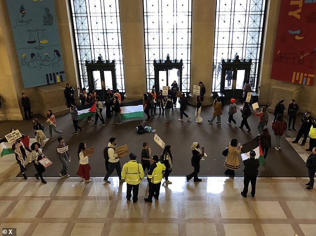 MIT's Coalition Against Apartheid students protest at the university's main entrance, which prevented Jewish students from using it last Thursday