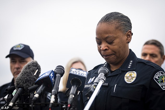 Interim Austin Police Chief Robin Henderson tearfully spoke to the media Saturday about the shooting of an Austin Police Department officer