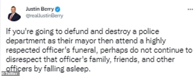Justin Berry, a senior officer with the Austin Police Department and member of the Texas Commission on Law Enforcement, posted the photo and claimed the mayor was sleeping.