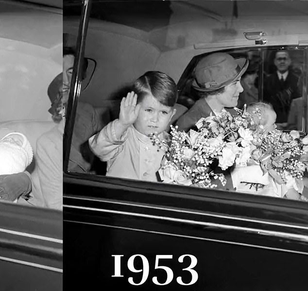 Already a people person: Among the images in the montage was a photo of Charles, depicted in 1953 as a five-year-old waving to well-wishers