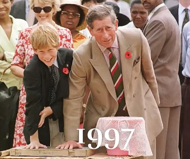 Happier times: The then Prince Charles with a young Prince Harry in 1997;  Father and son record their handprints during an official visit to South Africa