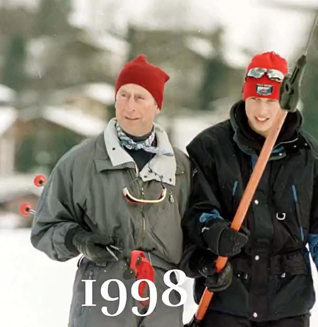 Charles' time on the slopes in Klosters, Switzerland with Princes William and Harry in 1998 also flashes by