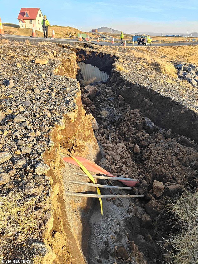 The cracks have been exacerbated by ongoing volcanic and seismic activity around Grindavik.  Photo taken on November 13