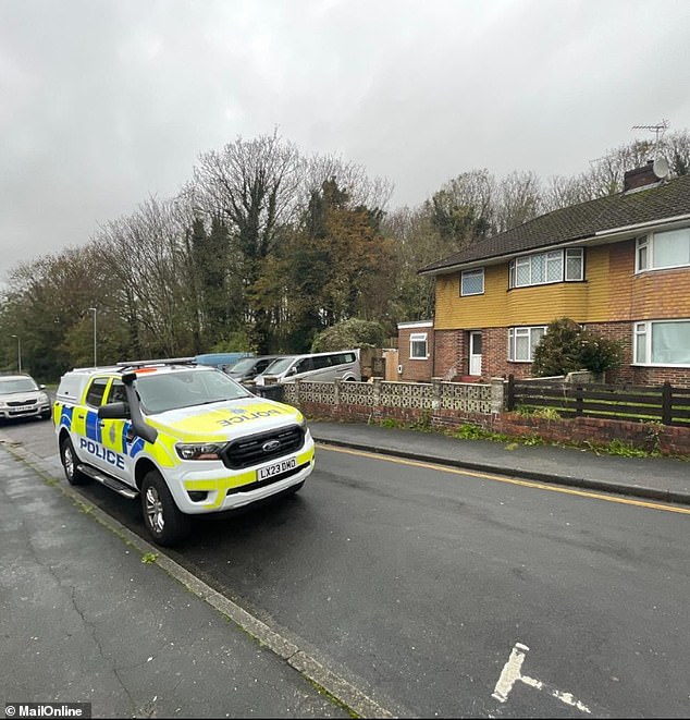 Today a police car is pictured outside Luke Cobb's home in Brighton